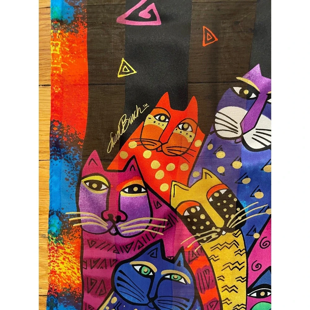 Laurel Burch Silk Scarf Multi Color Cat‎ Art Print Long Rectangle 2015